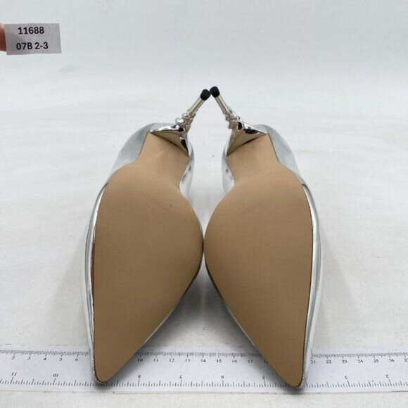 YDN Silver Pointed Closed Toe Mid Heel Pumps Cane Slip On Stilettos Slide Shoes - Picture 7 of 8